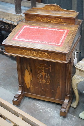 A late Victorian marquetry inlaid rosewood Davenport, width 53cm, depth 54cm, height 86cm